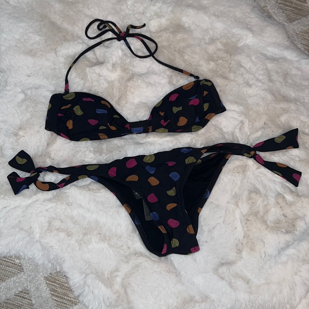 *VERY RARE* NWT PRADA black multi polka dot nylon logo halter top bikini